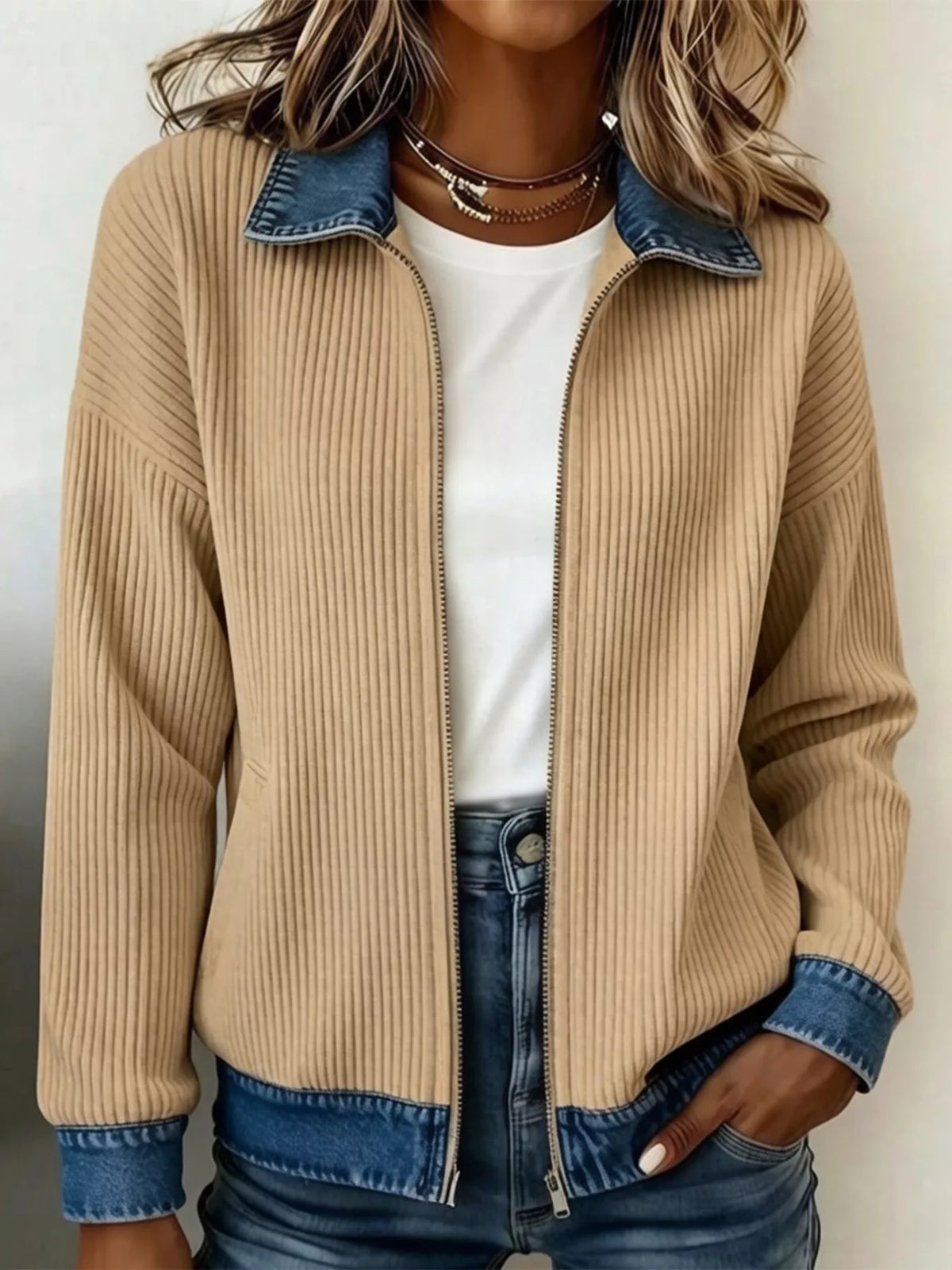 Contrast Denim Collar Knit Jacket