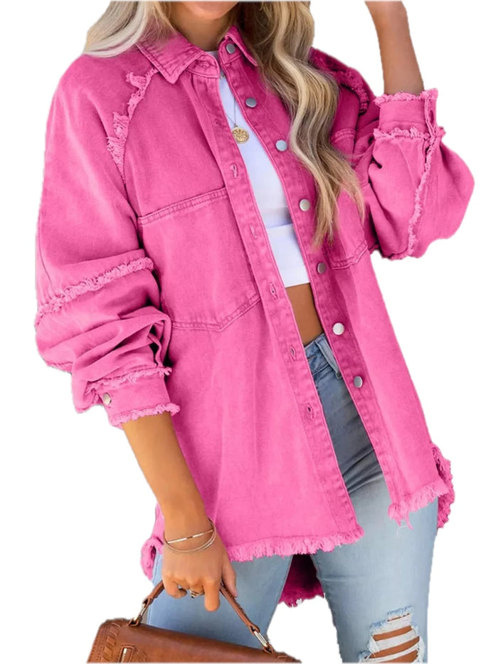 Button Down Raw Hem Denim Jacket