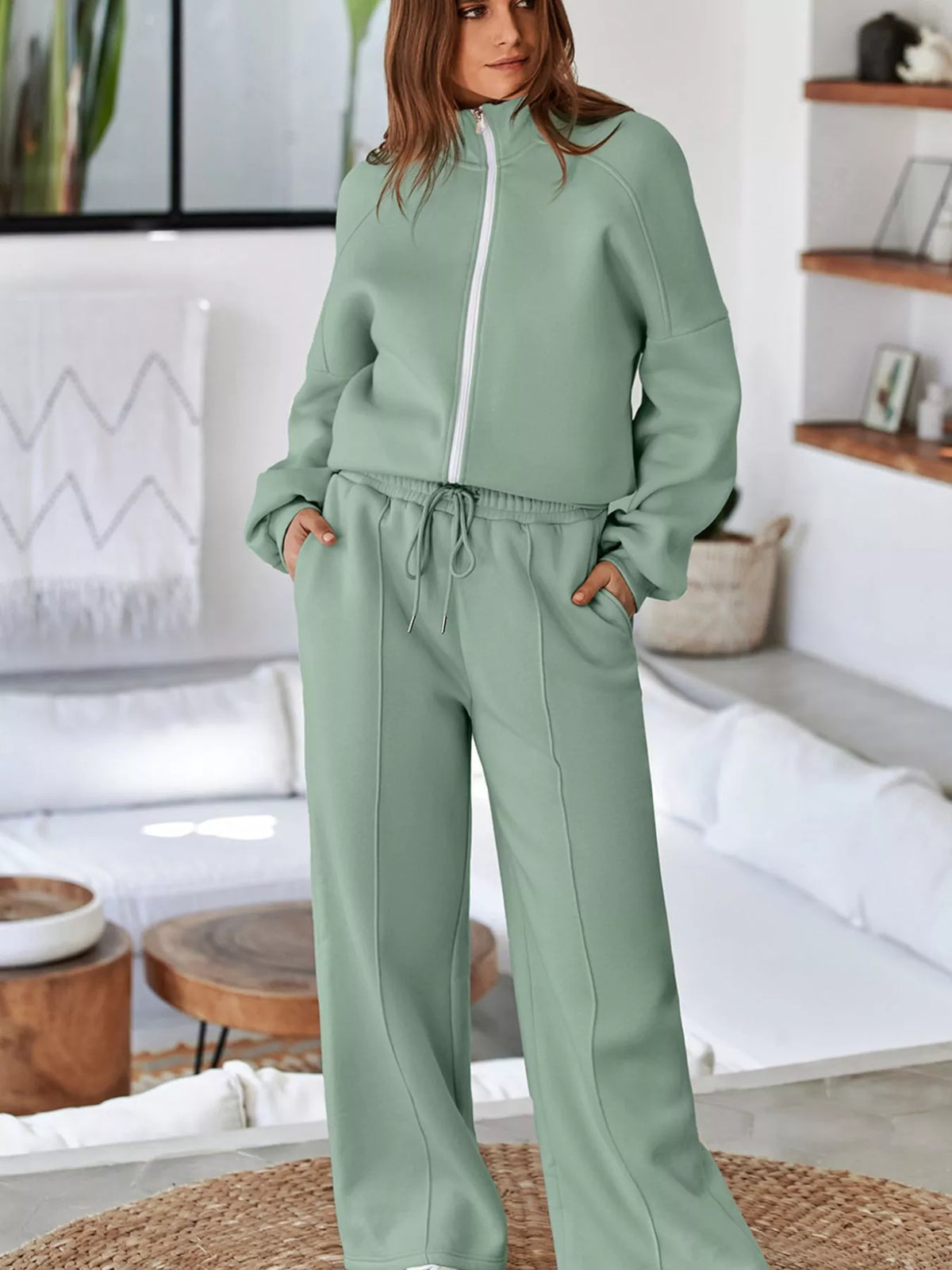 Zip Up Jacket and Pants Active Two-Piece Set