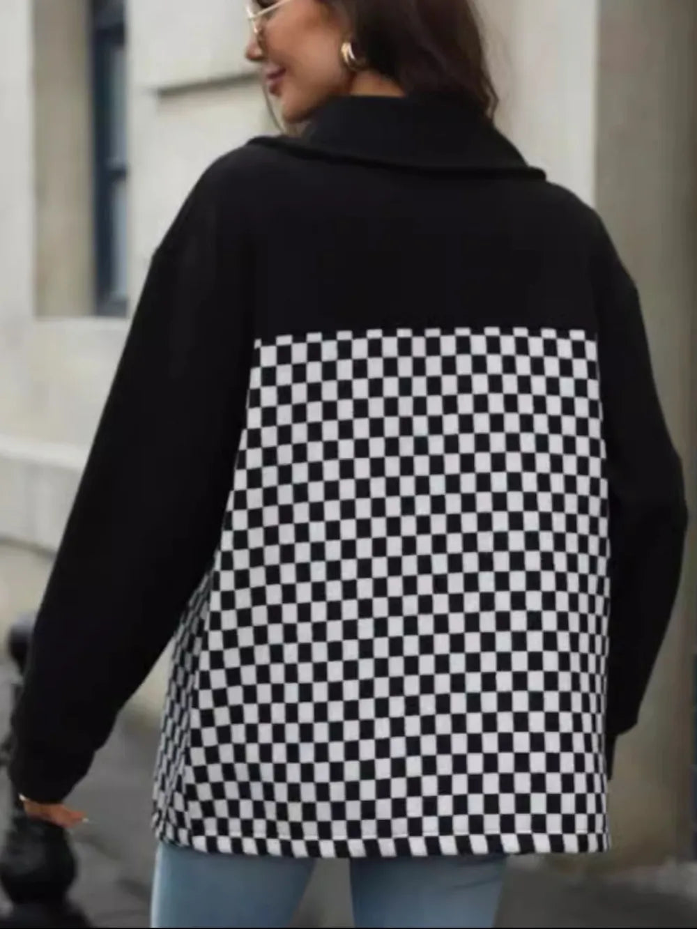 Checkered Snap Down Long Sleeve Jacket for Women in Black