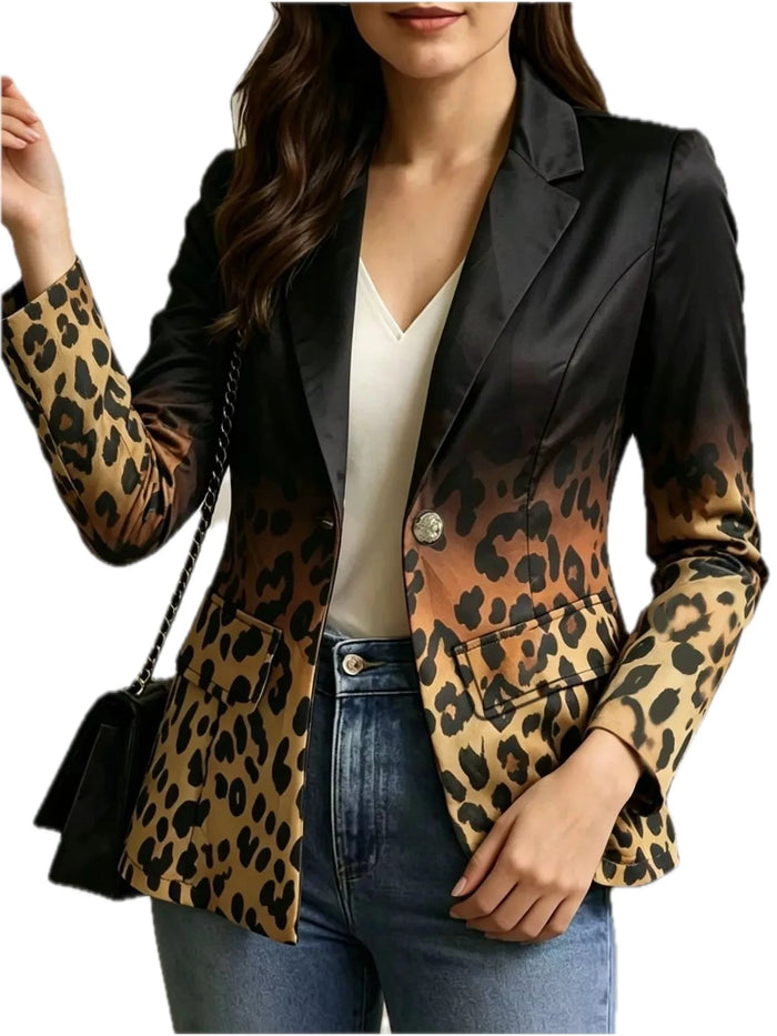 Women's Leopard Print Contrast Long Sleeve Blazer