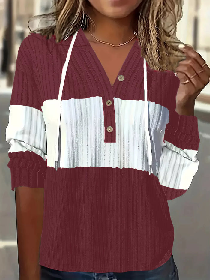 Color Block Drawstring Long Sleeve Hoodie for Women