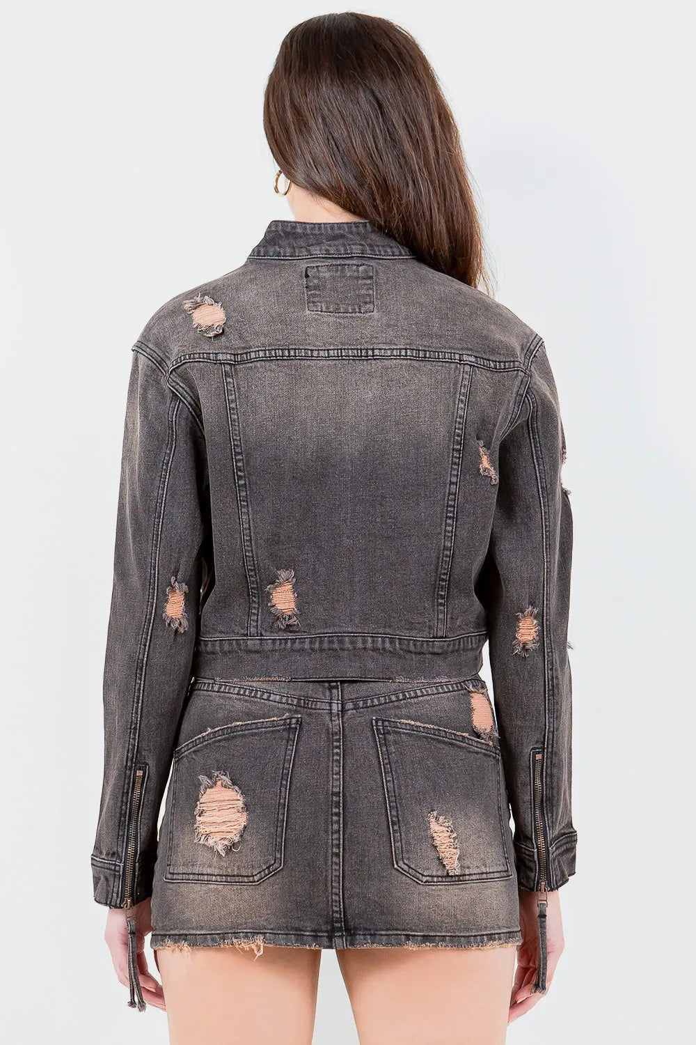 American Bazi Full Size Distressed Star Stud Trim Denim Rider Jacket for Women Plus Size