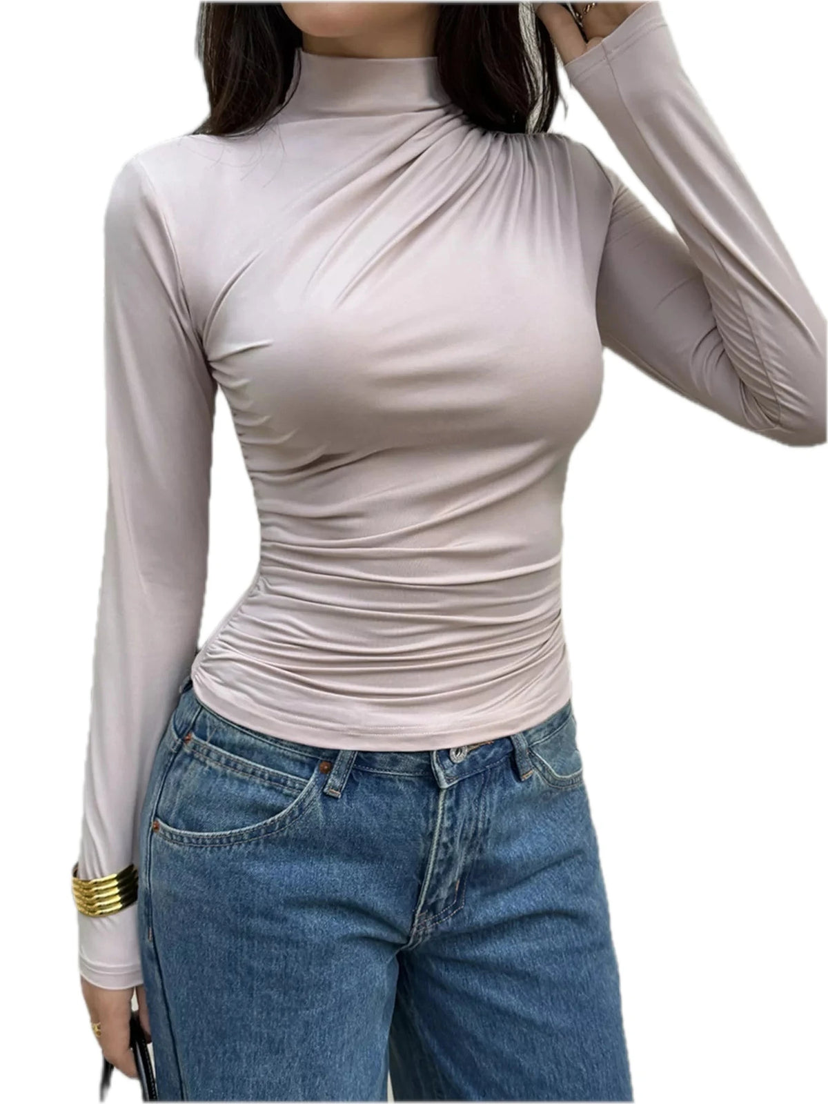 Mock Neck Ruched Slim Fit Long Sleeve T-Shirt