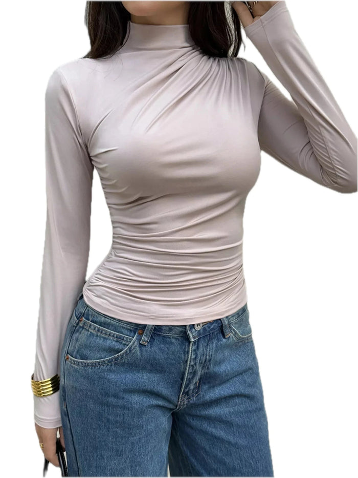 Women's Mock Neck Ruched Slim-Fit Long Sleeve T-Shirt
