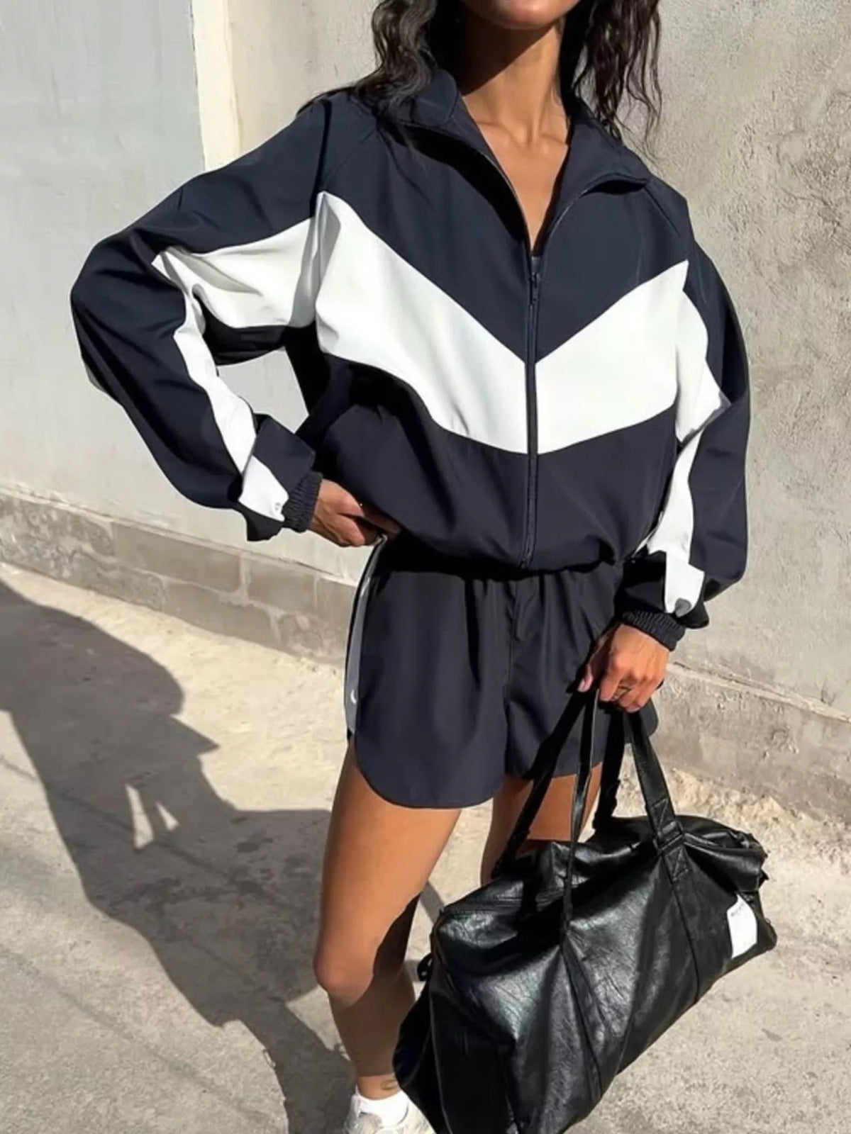 Color Block Zip Up Jacket and Shorts Set