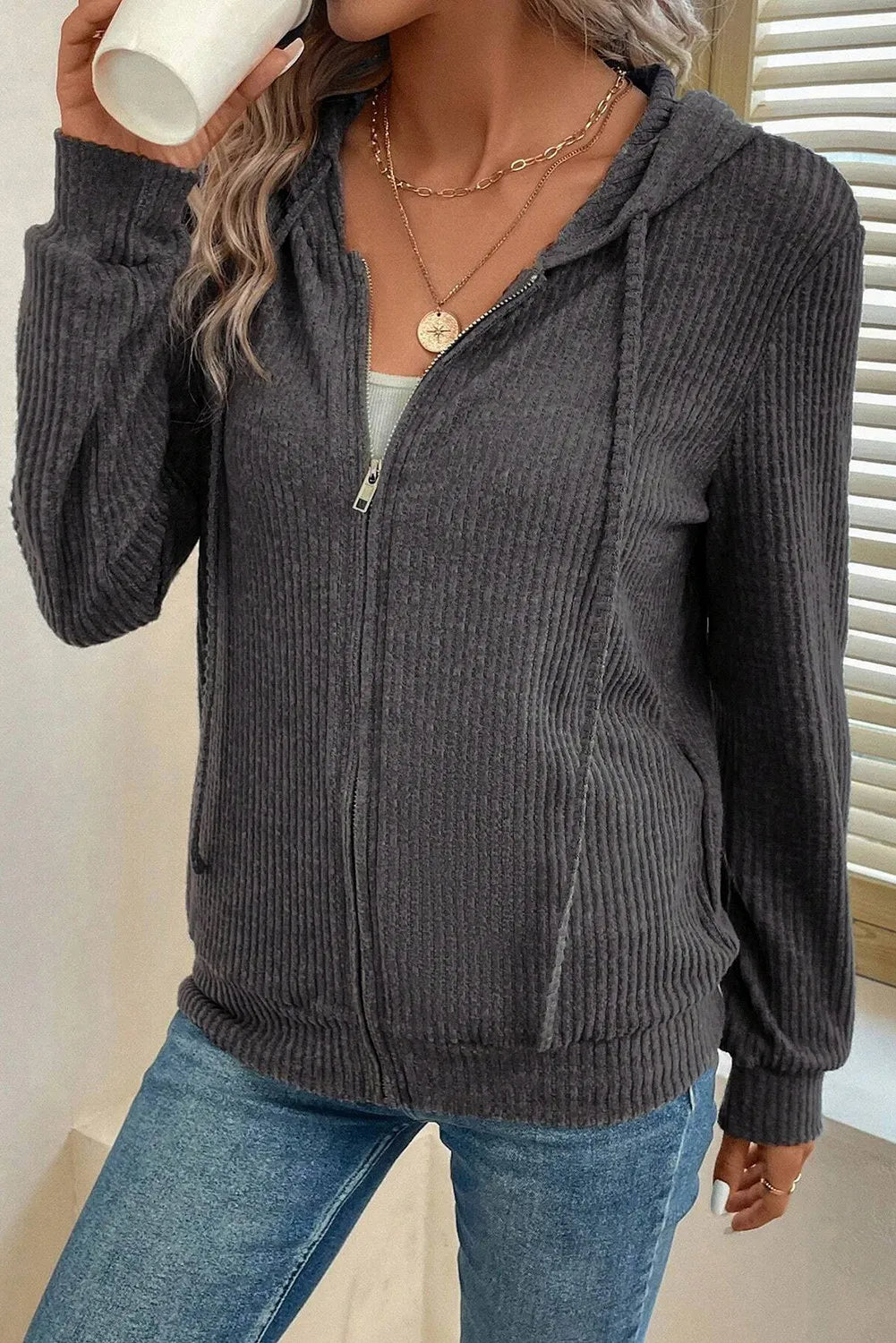 Drawstring Zip Up Long Sleeve Hooded Jacket for Women