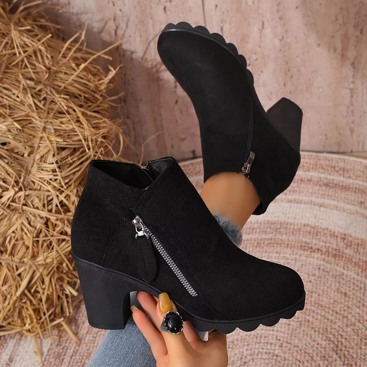 Diagonal Zip Round Toe Block Heel Boots