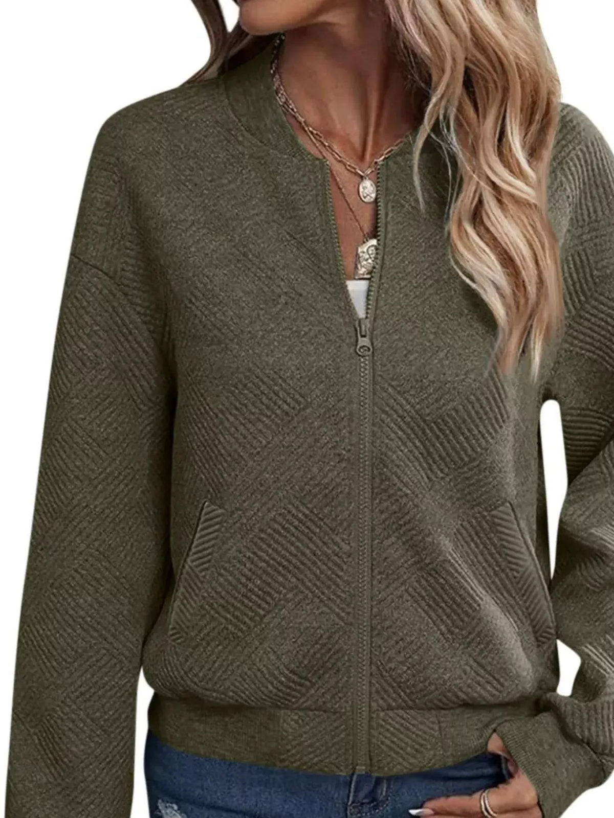 Textured Knit Zip Up Jacket