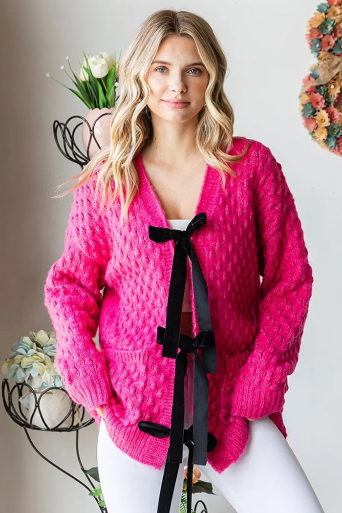 First Love Tie Closure Open Knit Cardigan for Women