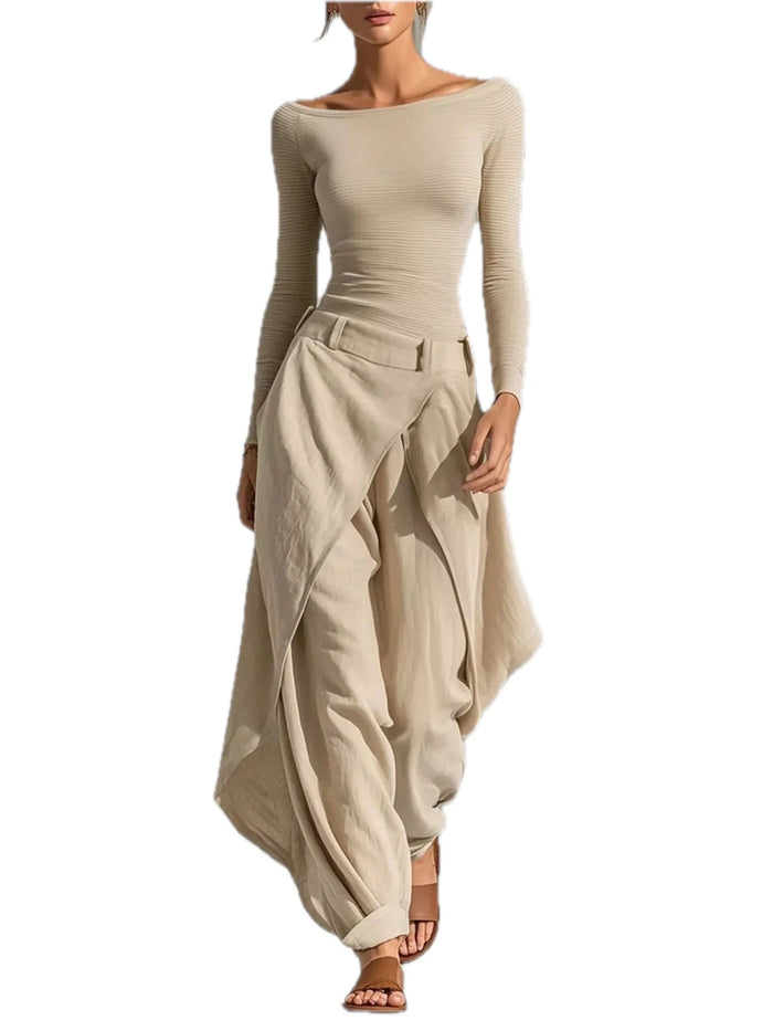 Boat Neck Long Sleeve Top and Wrap-Front Wide Leg Pant Set for Women