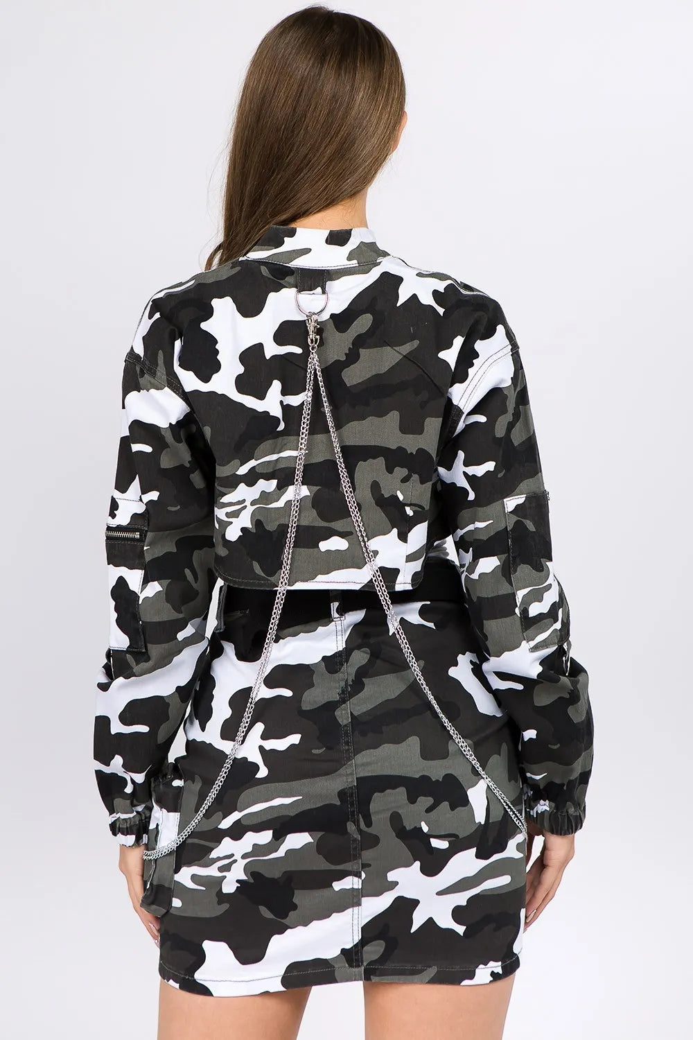 American Bazi Camouflage Cropped Jacket for Women with Chains