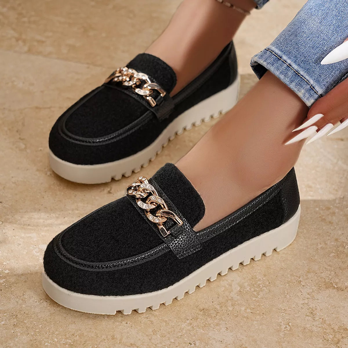 Chain Detail Platform Slip-On Shoes