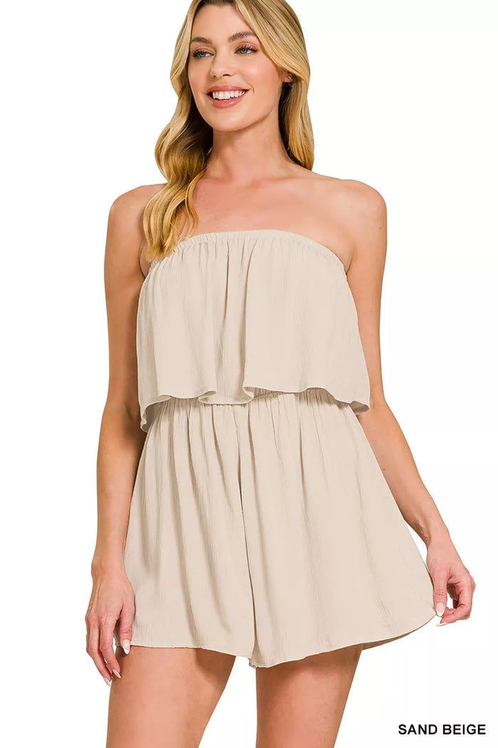 Zenana Woven Crinkle Strapless Rompers for Women