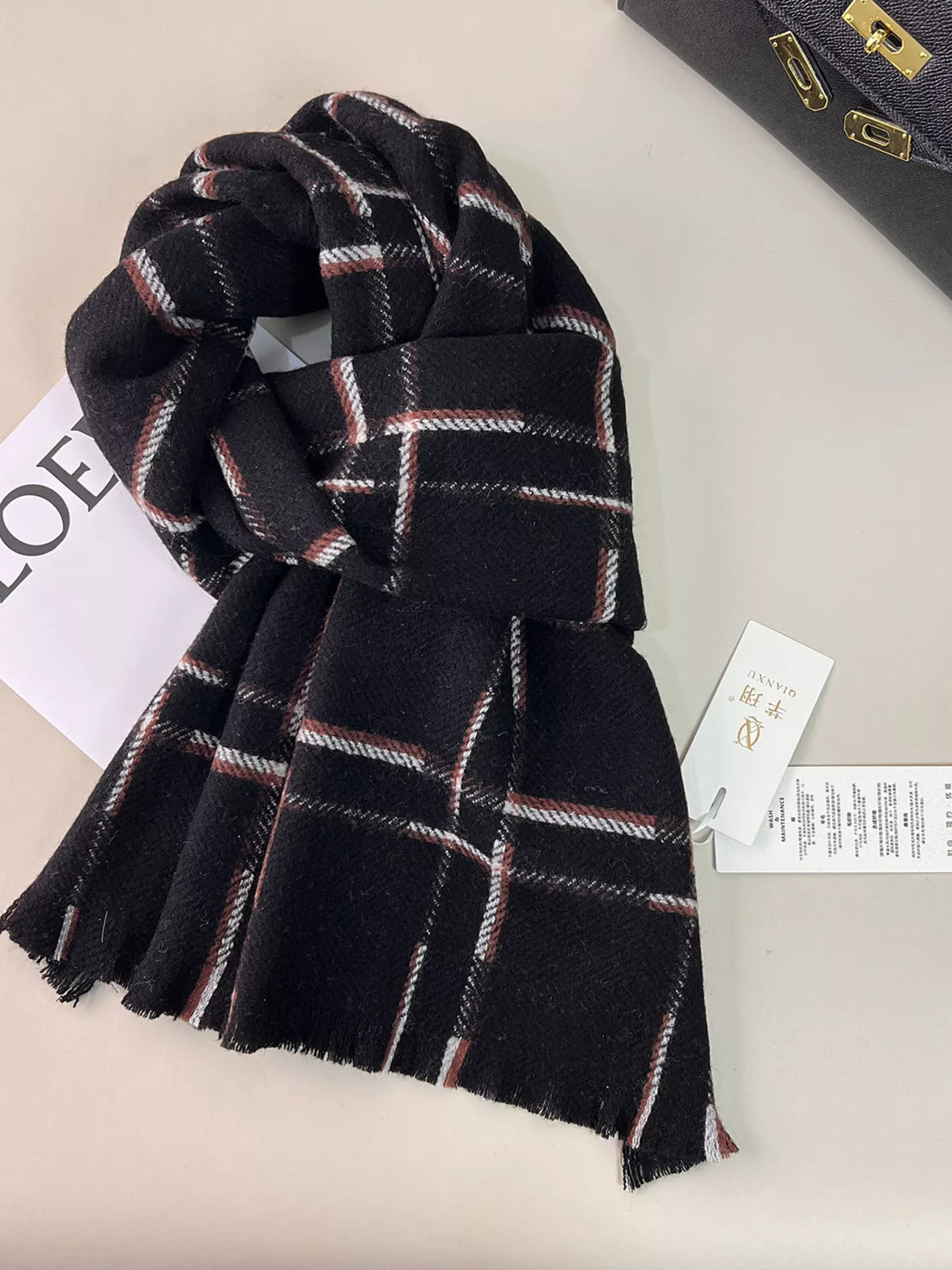 100% Wool Raw Hem Plaid Scarf for Women