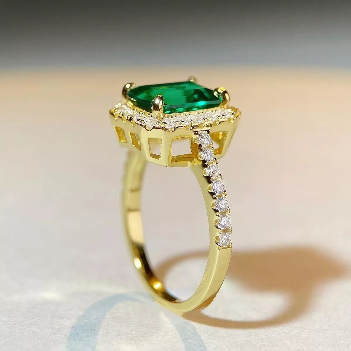 18K Gold-Plated 925 Sterling Silver Zircon Geometric Ring for Women in Dark Green