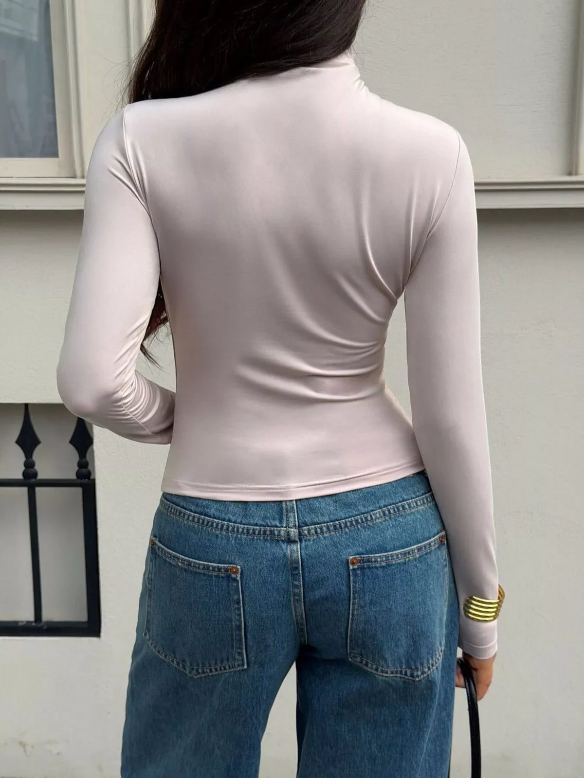 Mock Neck Ruched Slim Fit Long Sleeve T-Shirt