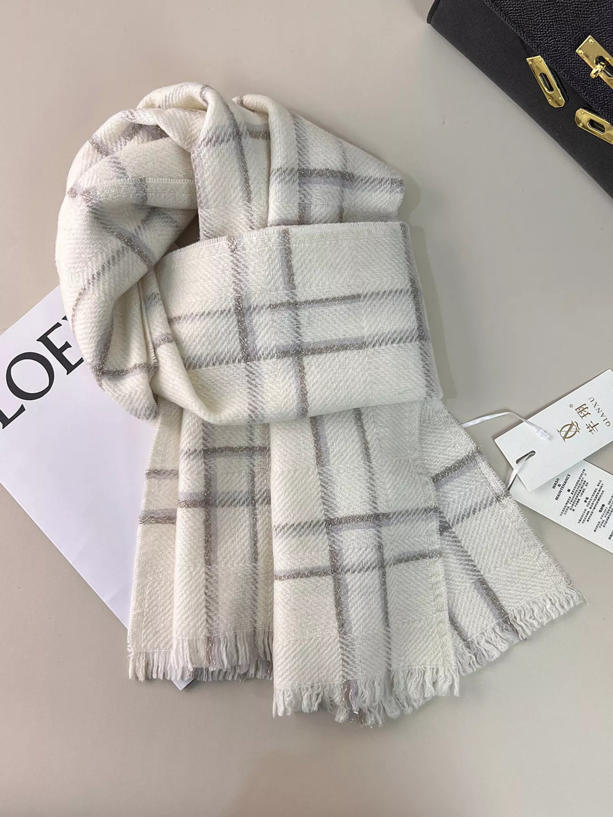 100% Wool Raw Hem Plaid Scarf for Women