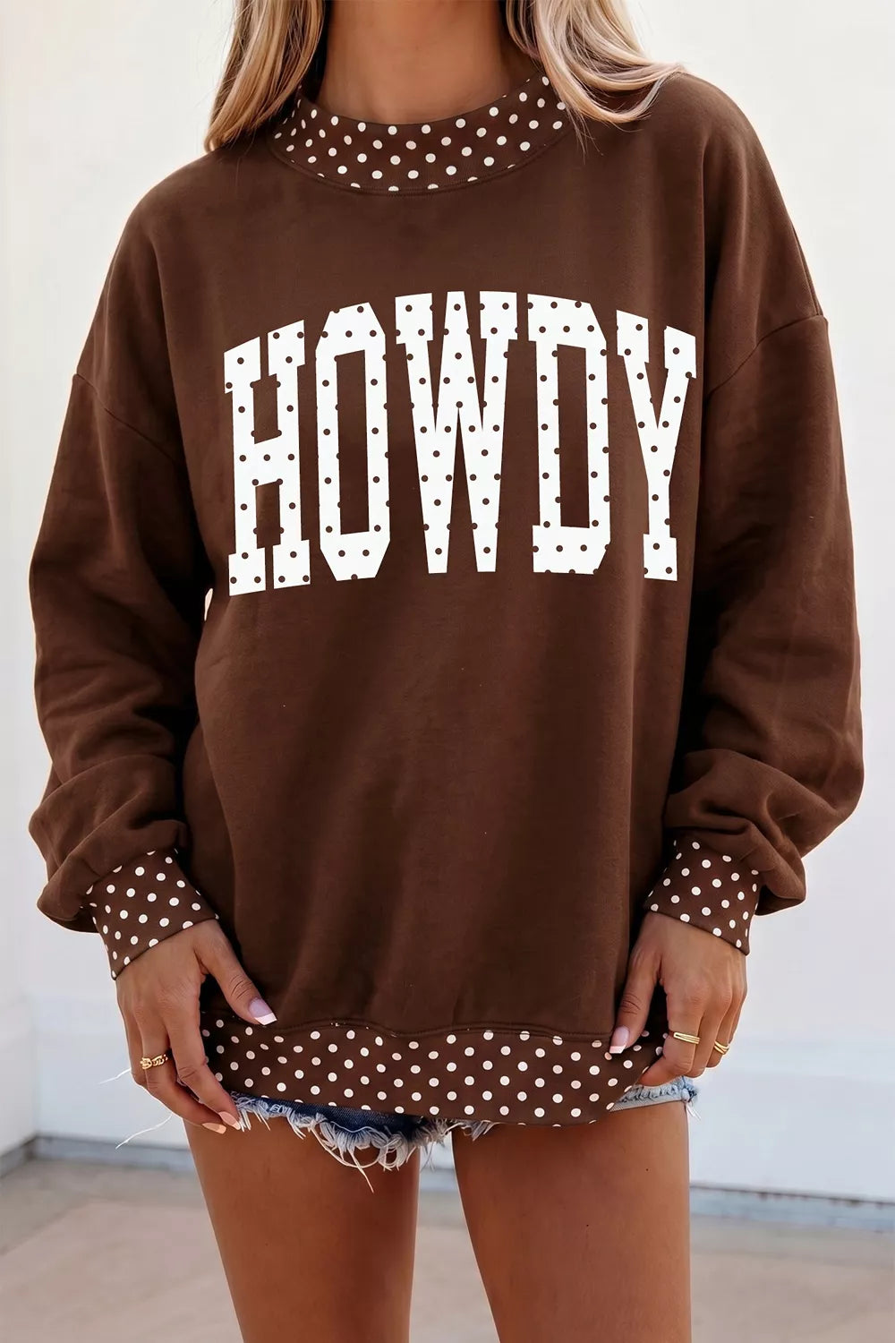 'HOWDY' Graphic Polka Dot Trim Sweatshirt for Women