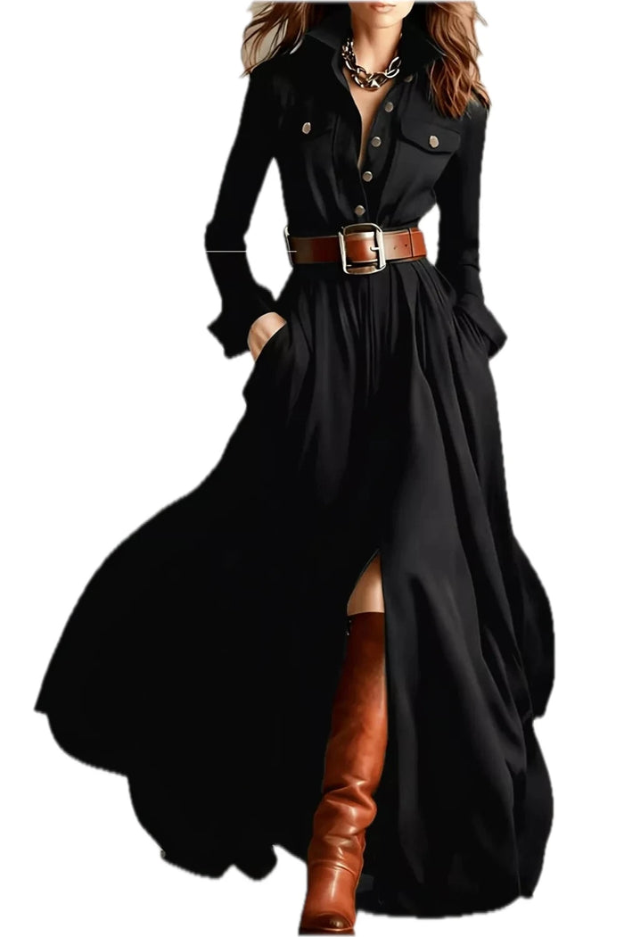 Slit Long Sleeve Maxi Shirt Dress for Women