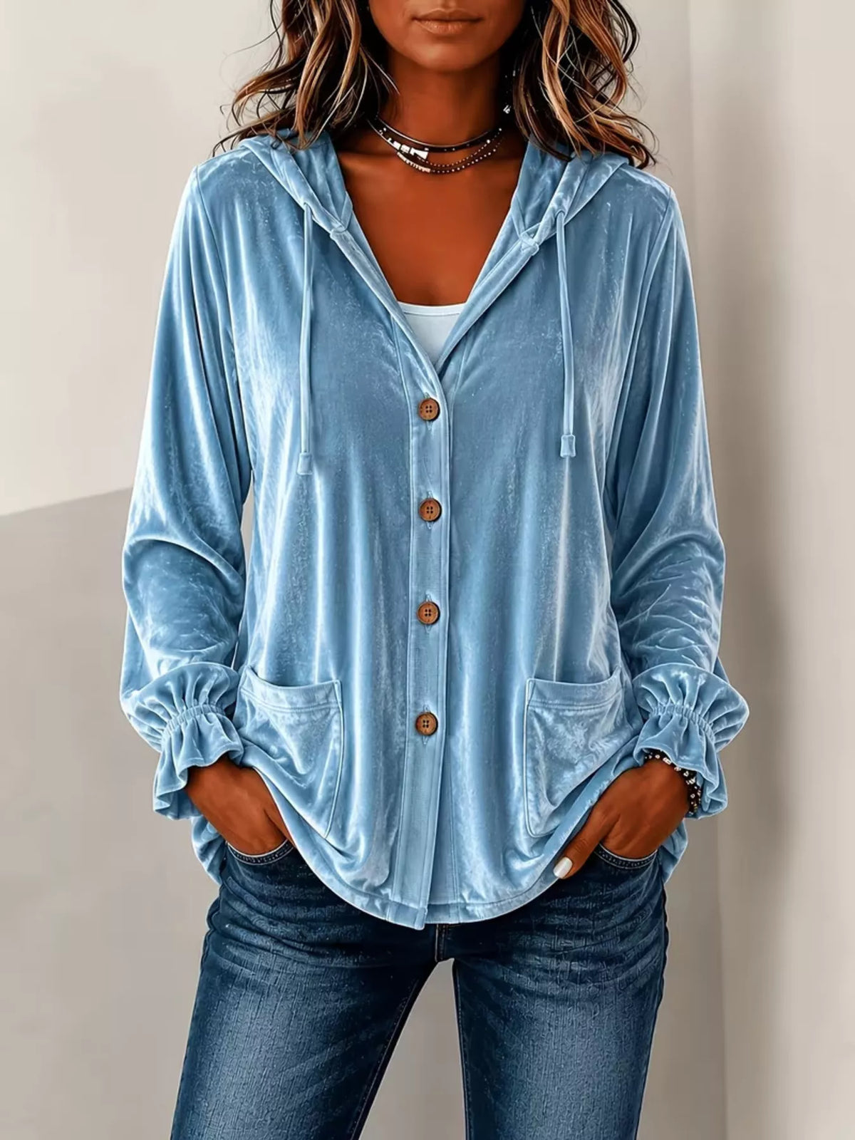 Velvet Button Down Hooded Outerwear Plus Size