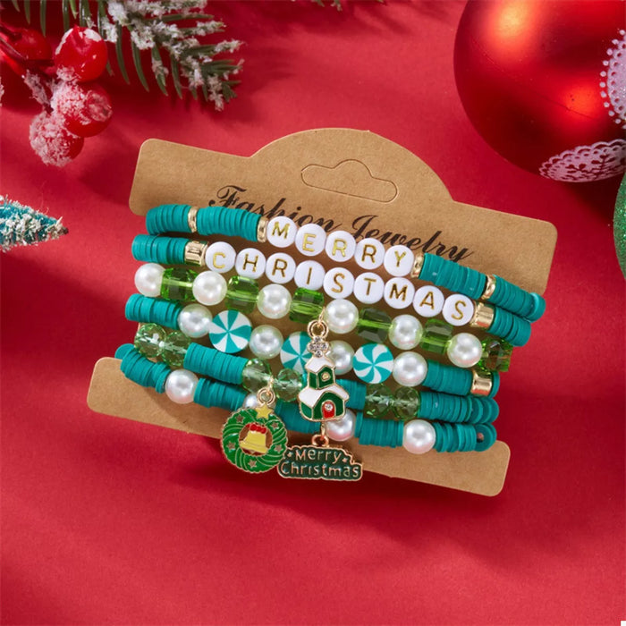 6-Piece Christmas Beaded Bracelet for Women with Pearl Accents