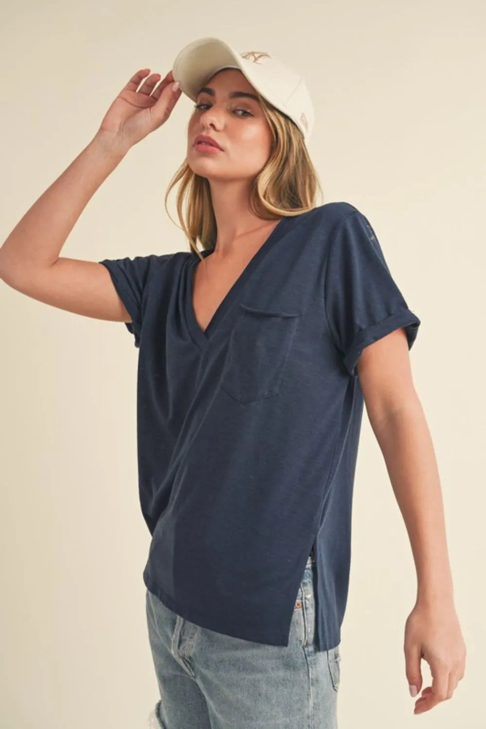 Side Slit V-Neck Rolled Sleeve T-Shirt