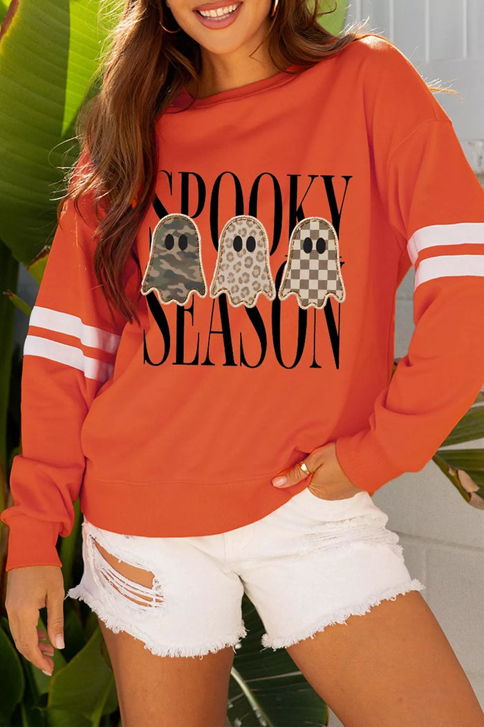 Spooky Season Ghost Graphic Varsity Striped Sleeve Halloween Pullover Sweatshirt for Women