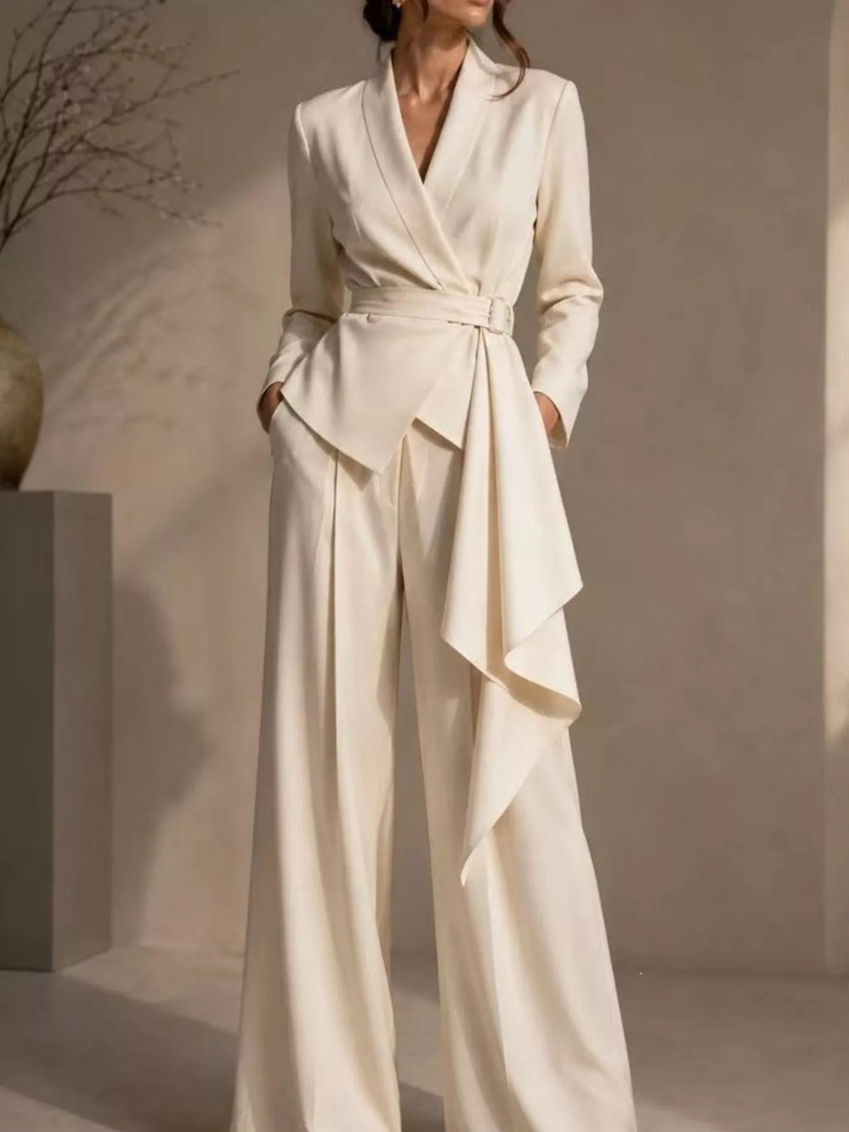 Belted Blazer and Wide Leg Pants Set Plus Size