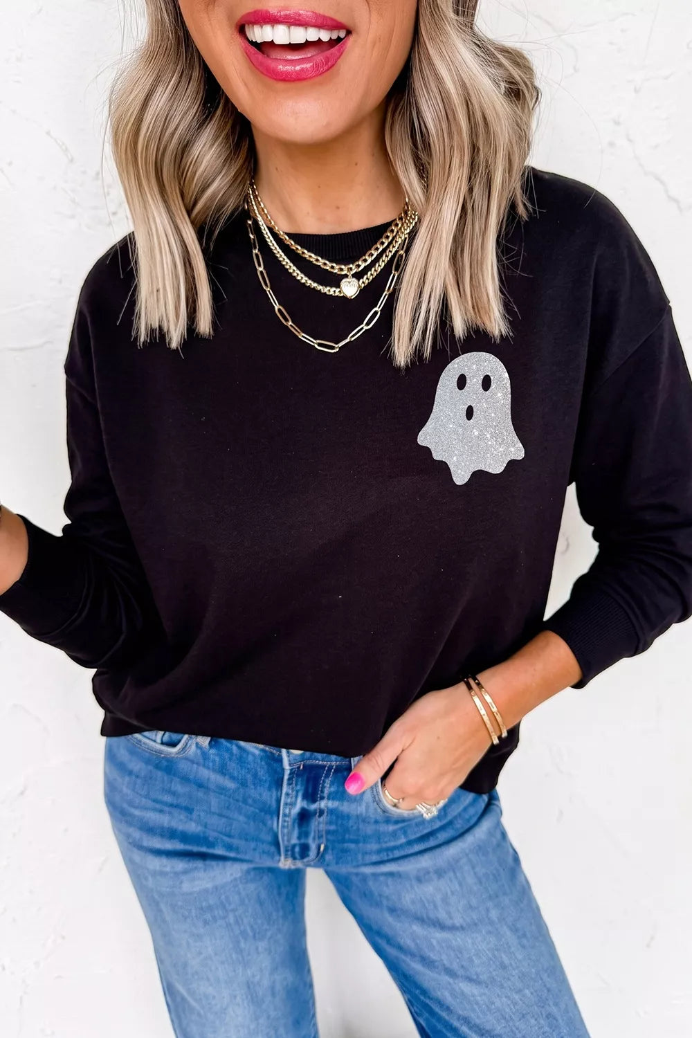 Women's Crew Neck Ghost Print Regular Fit Graphic Long Sleeve T-Shirt