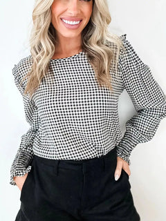 Women's Plaid Shirred Cuff Long Sleeve Blouse