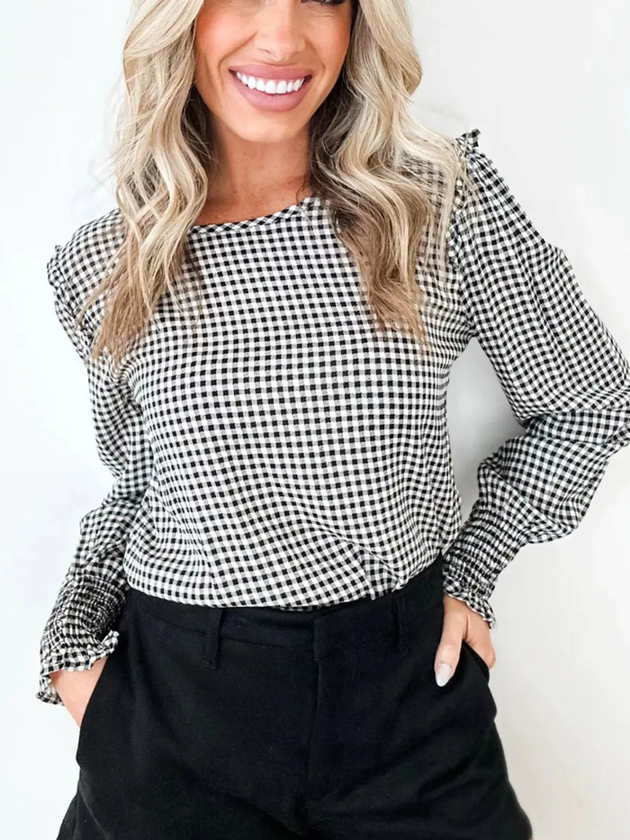Women's Plaid Shirred Cuff Long Sleeve Blouse