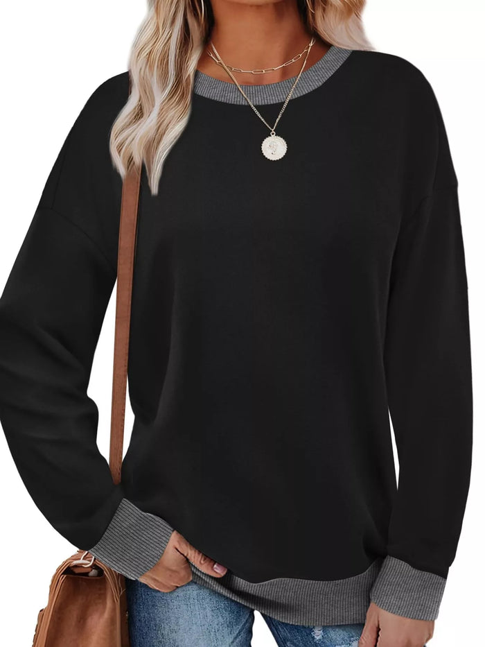 Contrast Trim Crew Neck Casual Sweatshirt for Women
