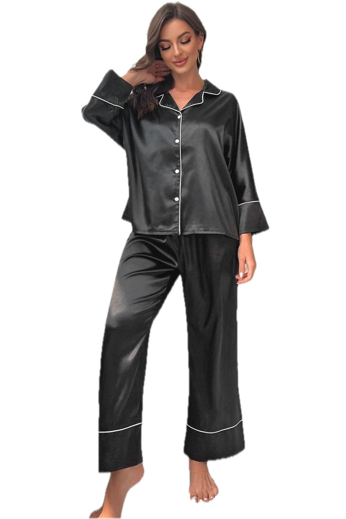 Contrast Piping Button-Up Top and Pants Pajama Set for Women