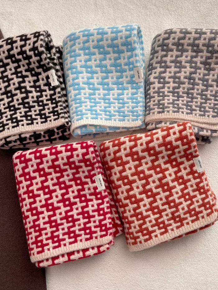 Wool Geometric Pattern Knitted Warm Scarf for Women