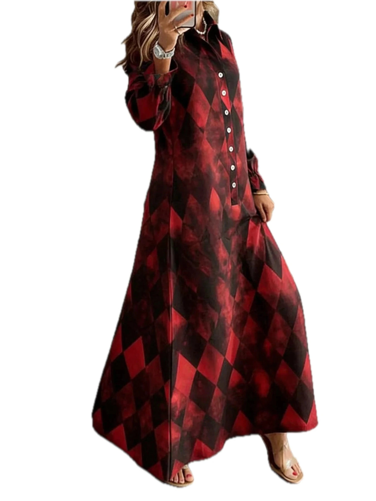 Argyle Print Button-Down Maxi Dress for Women