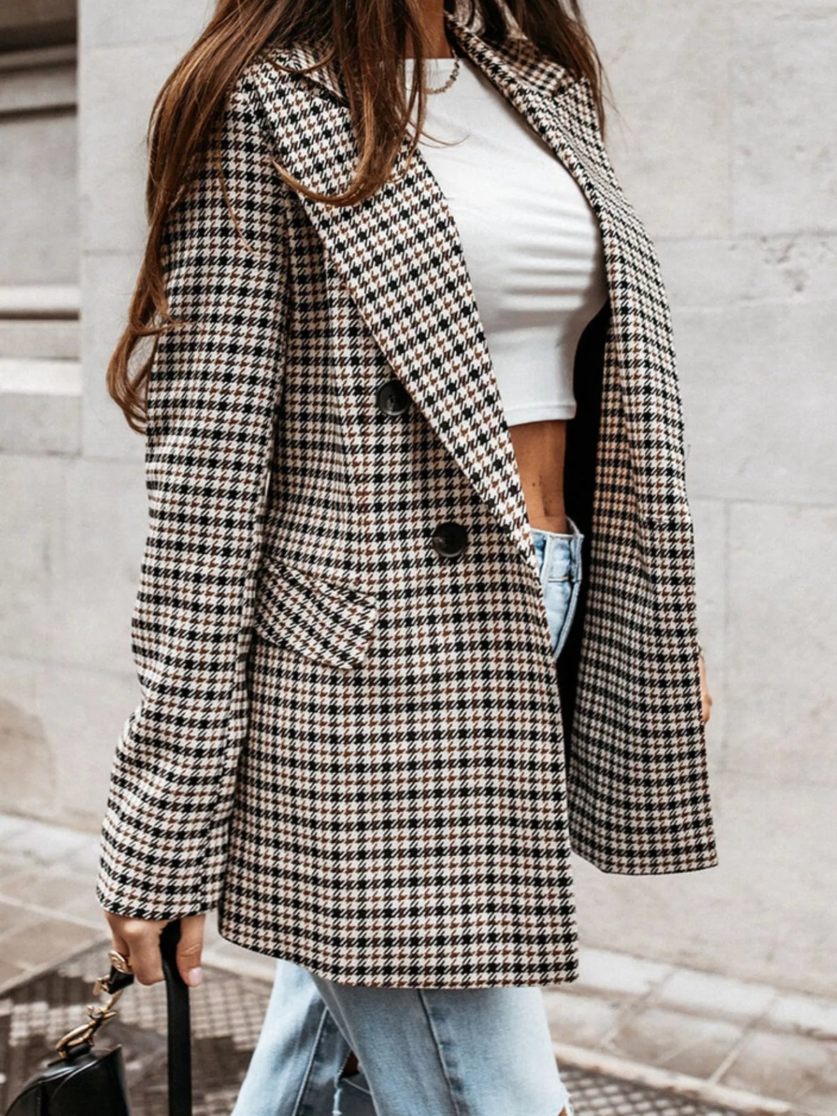 Classic Houndstooth Double Breasted Blazer