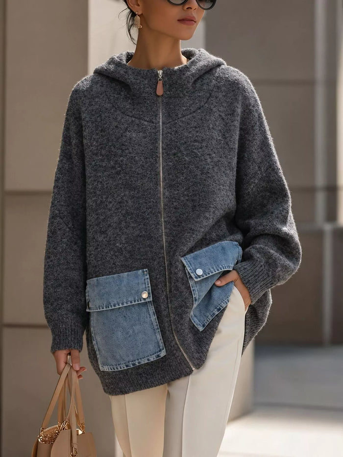 Contrast Denim Pockets Hooded Cardigan for Women