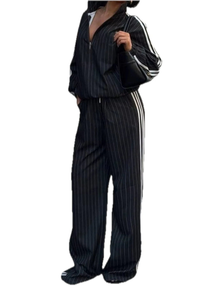 Side Stripe Zip Up Jacket and Pants Set for Women