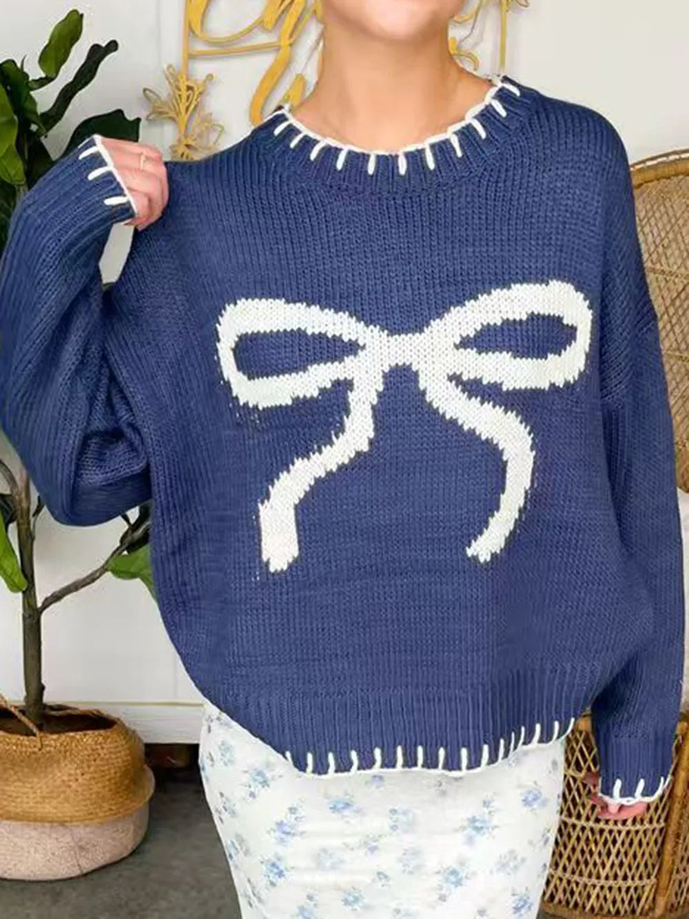 Acrylic Bow Crew Neck Long Sleeve Sweater