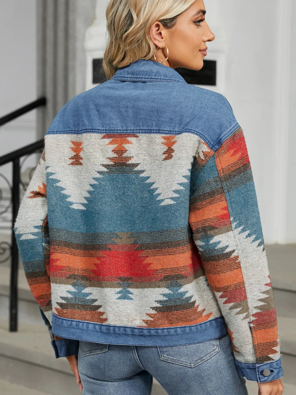 Geometric Long Sleeve Denim Jacket