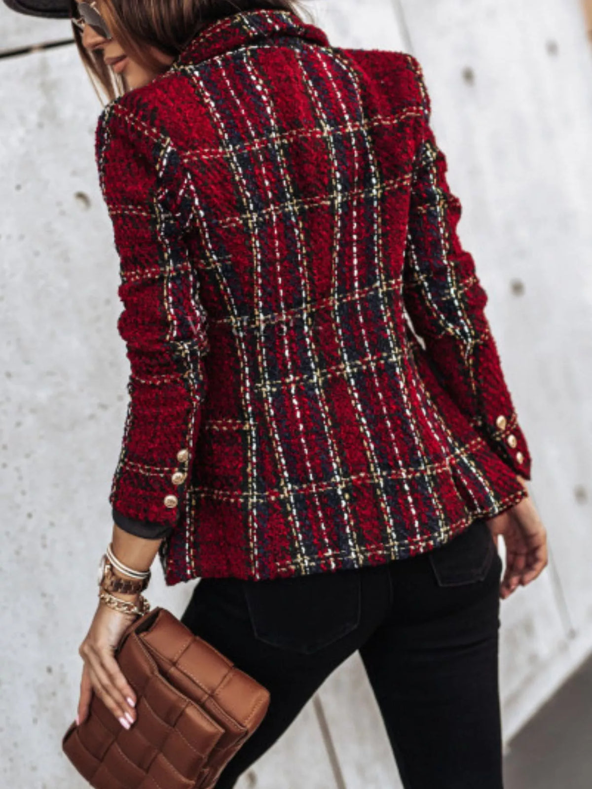 Plaid Tweed Double Breasted Blazer Plus Size