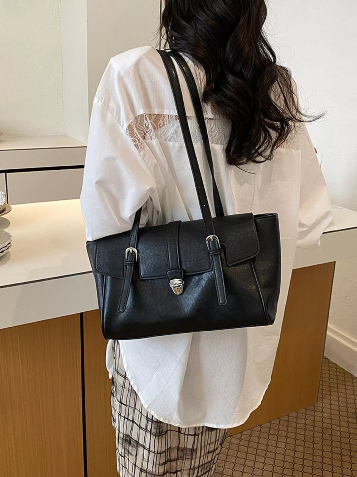 Buckle Detail Vegan Leather Tote Bag