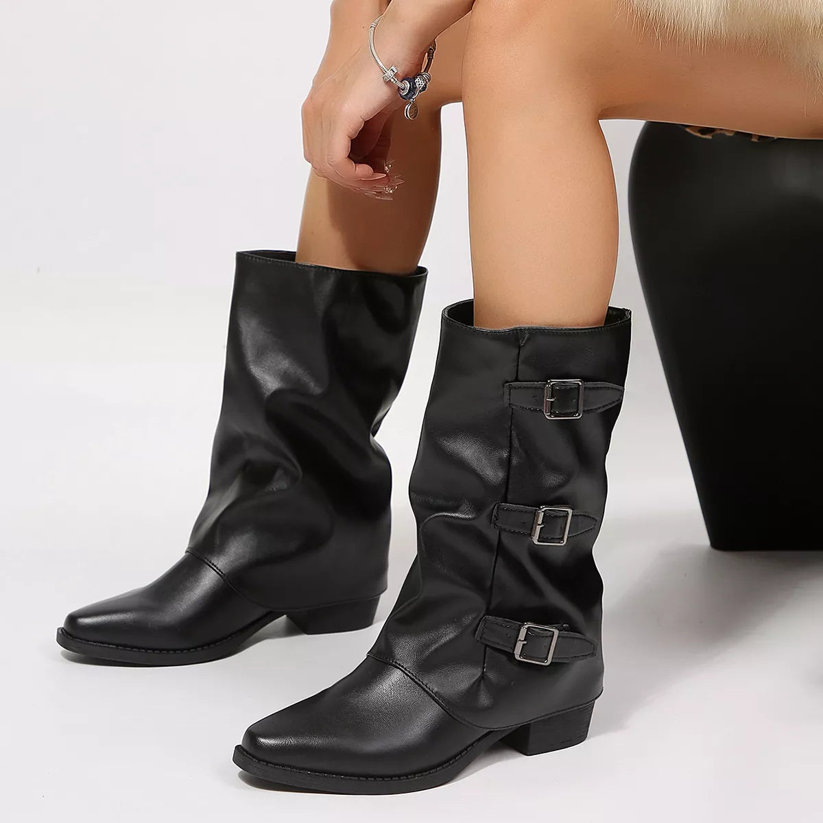 Double Buckle Pointed Toe Block Heel Boots