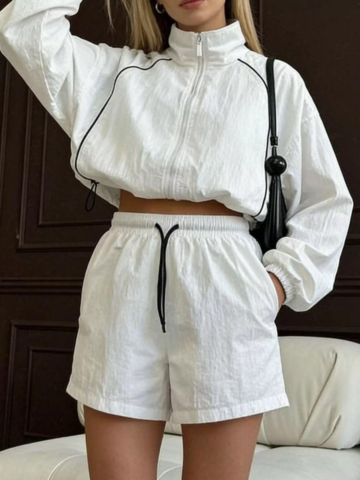 Zip-Up Jacket and Shorts Two-Piece Set for Women