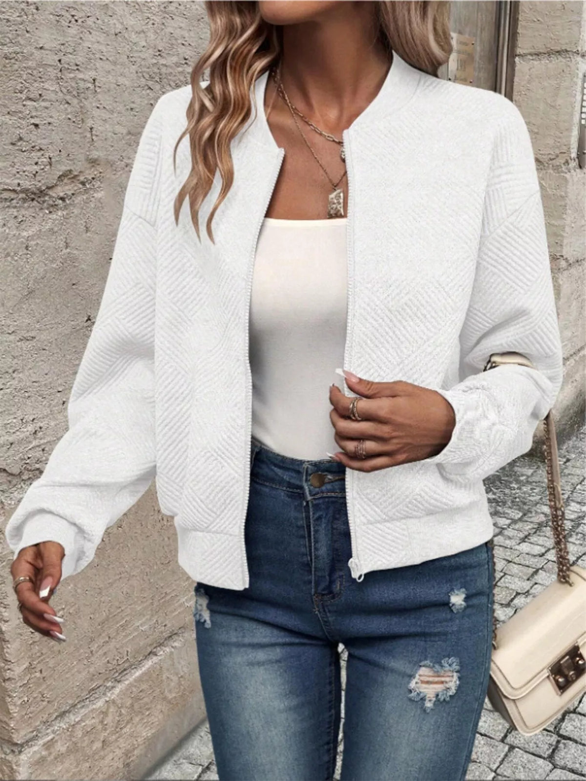 Textured Knit Zip Up Jacket
