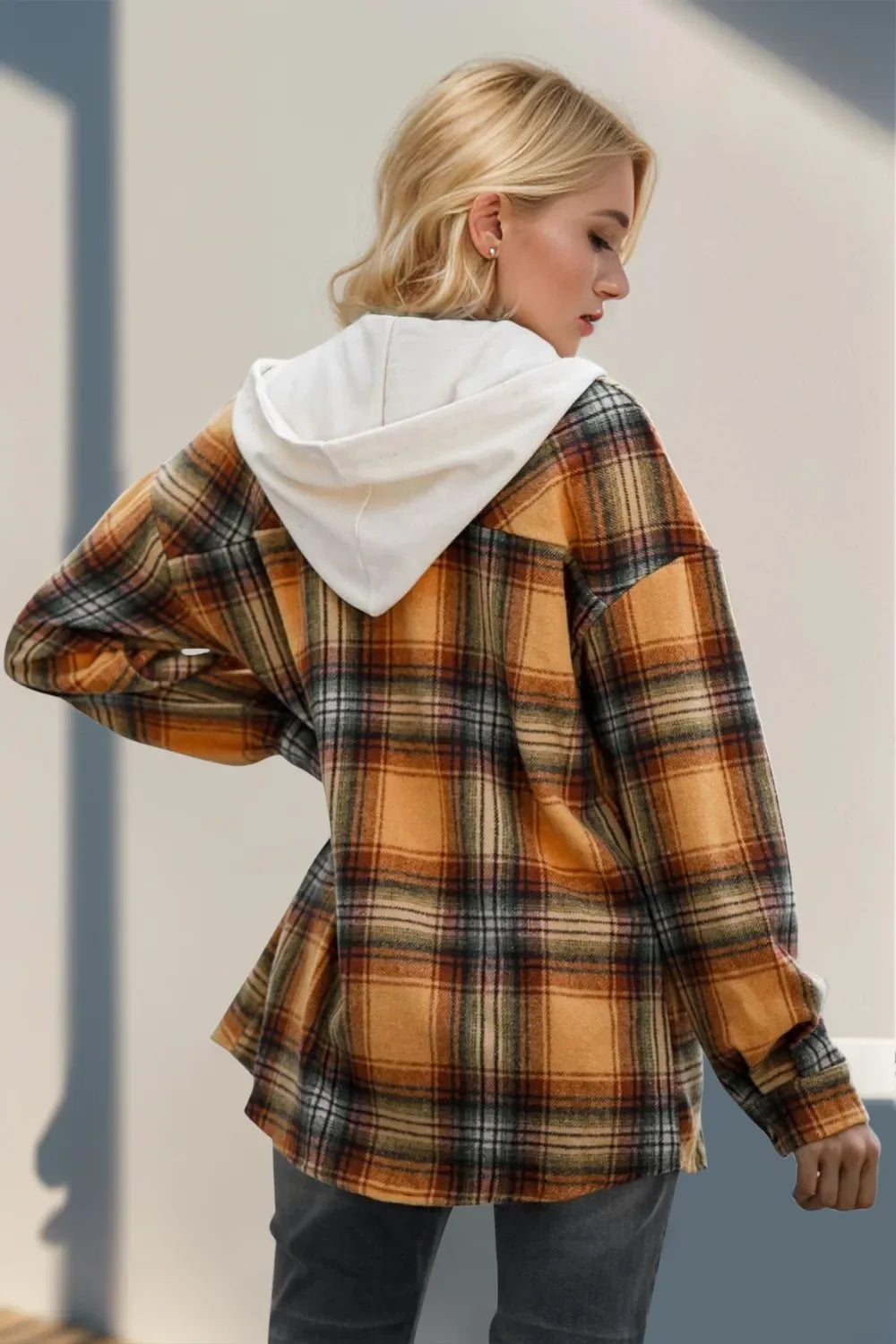 Double Take Women's Drawstring Plaid Long Sleeve Hooded Shacket