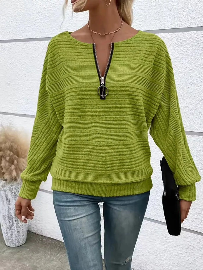 Ribbed Knit Quarter Zip Sweatshirt for Women