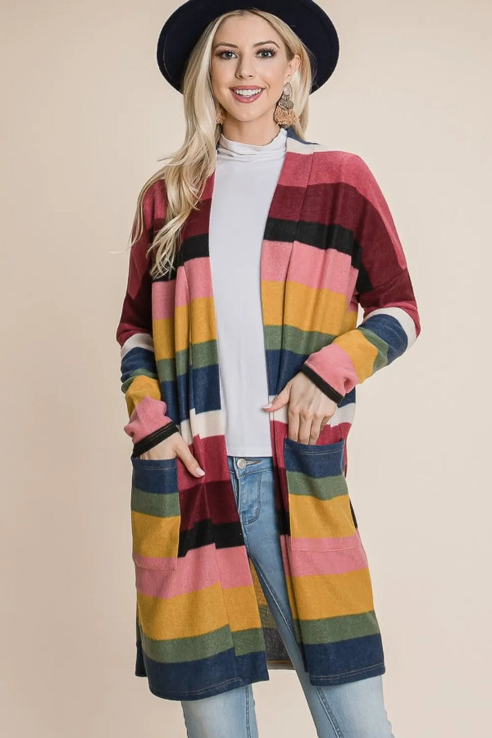 BOMBOM Color Block Striped Open Front Cardigan for Women