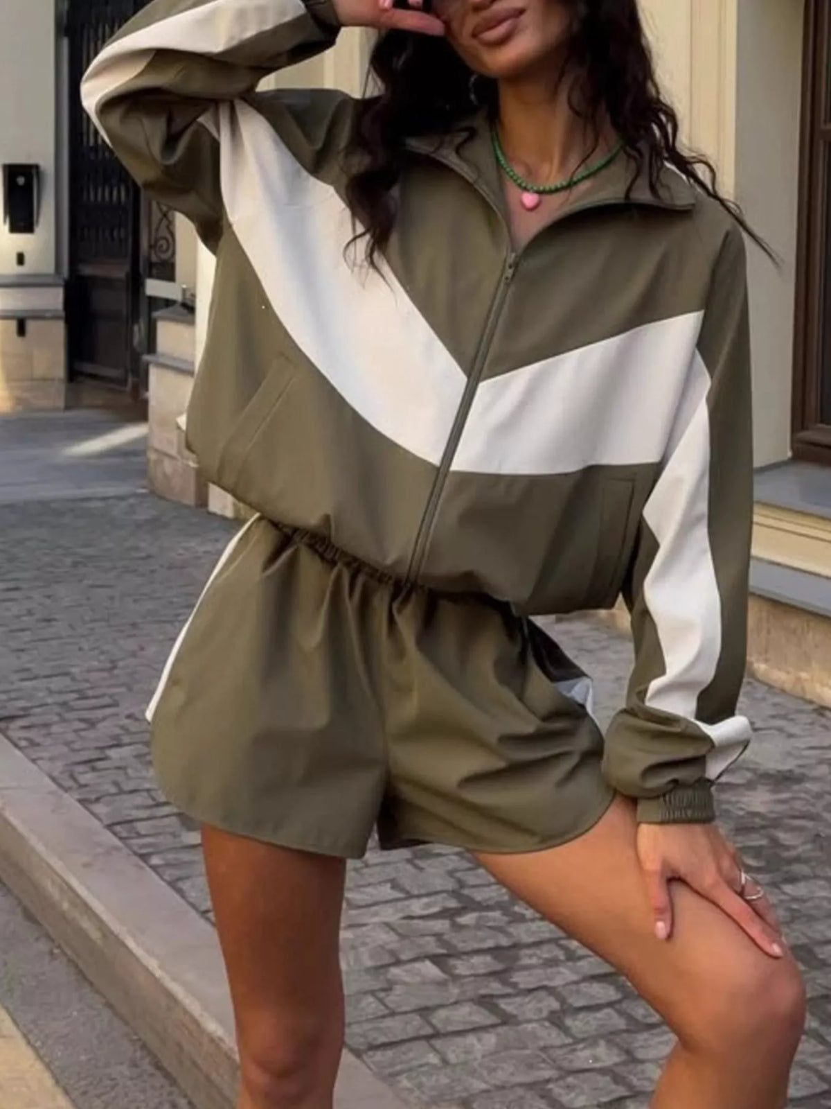Color Block Zip Up Jacket and Shorts Set